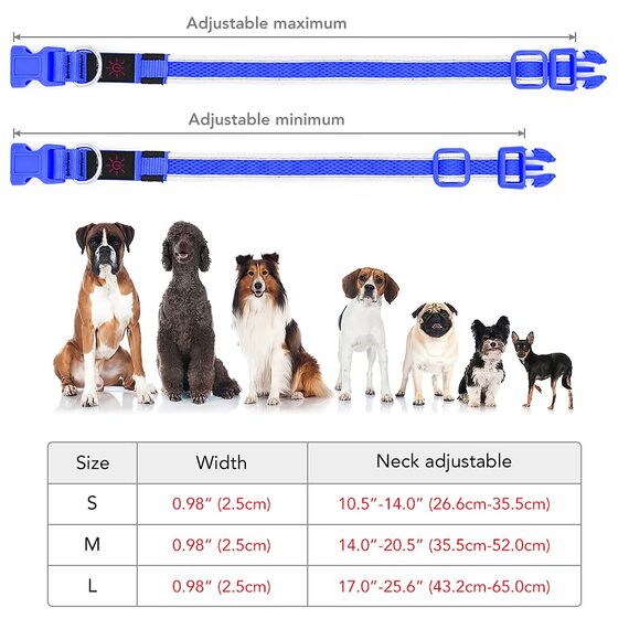 YFbrite Leuchtendes Hundehalsband, wiederaufladbares LED-Hundehalsband, verstellbares reflektierendes Hundehalsbands, Sicherheit leuchtet bei Nacht (Blau, L)