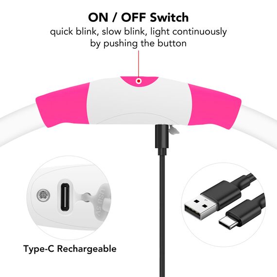 iTayga leuchthalsband Hund, USB-aufladbar und wasserdicht hundehalsband, verstellbare Länge, Sicherheitshalsband für Hunde und Katzen, 3 Modi, Rosa