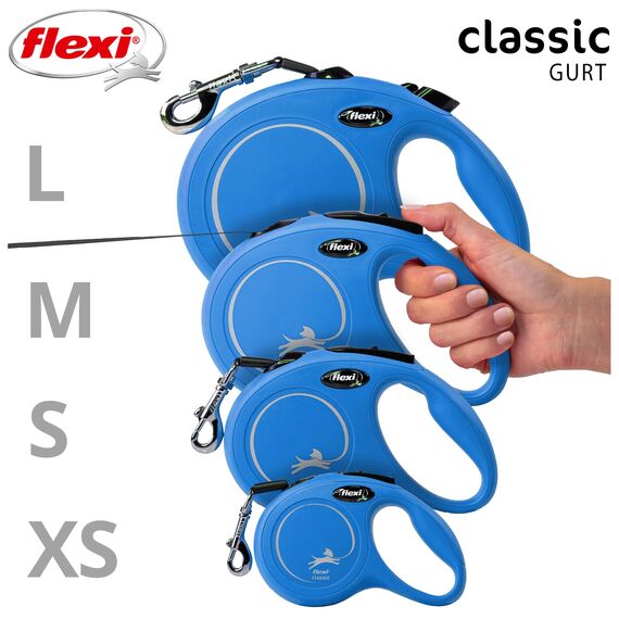 flexi® Classic L | 5m Gurt Roll-Leine für Hunde bis 50 kg | Blau | ausziehbare Hundeleine | Gewicht 347.2 gr | Maße 12.9 x 18.8 cm