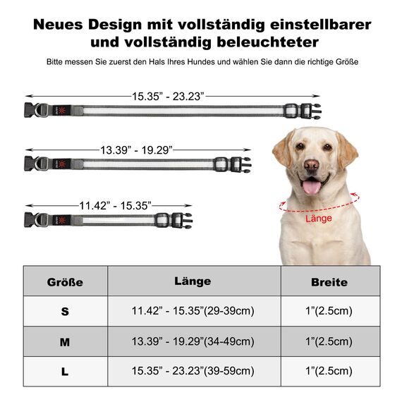 Leuchtendes Hundehalsband, wiederaufladbar über USB-C, reflektierendes, im Dunkeln leuchtendes Hundehalsband mit 7 Beleuchtungsmodi für Sicherheit bei Nacht (Grau, Medium)