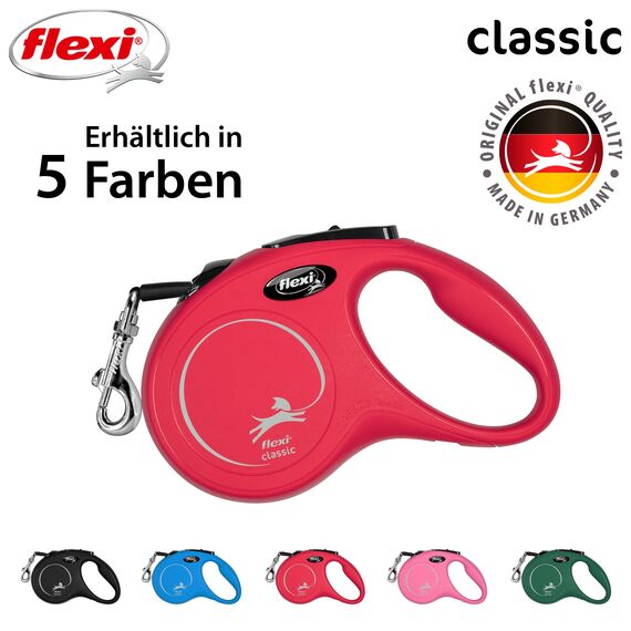 flexi® Classic S | 5m Gurt Roll-Leine für kleine Hunde bis 15 kg | Rot | ausziehbare Hundeleine | Gewicht 200.1 gr | Maße 10 x 16.5 cm