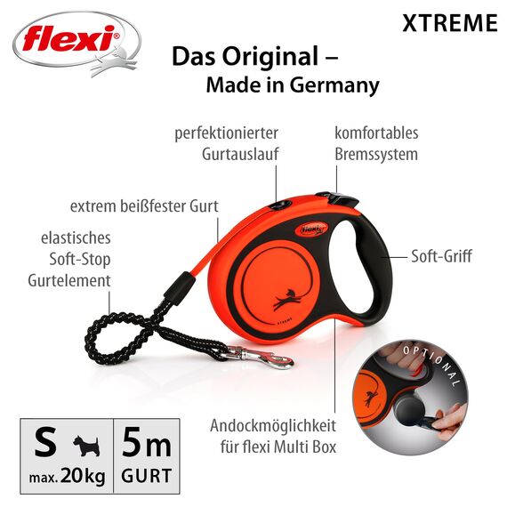 flexi® Xtreme S Gurt 5 m schwarz/orange, Roll-Leine für Hunde bis 20 kg