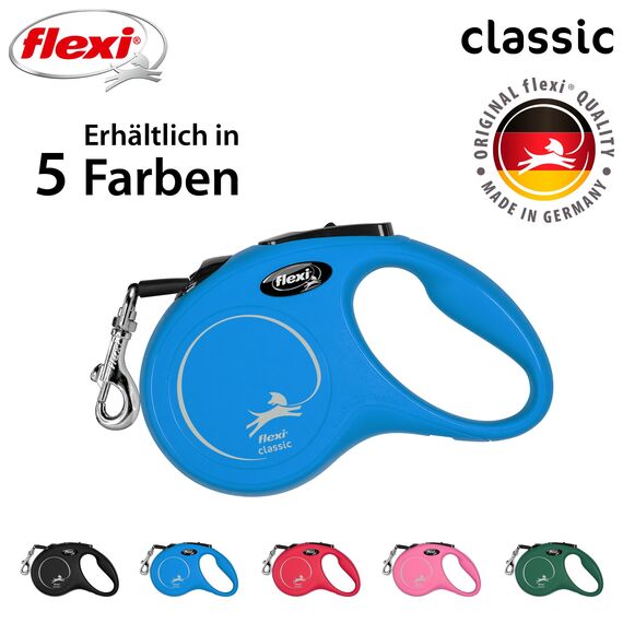 flexi® Classic S | 5m Gurt Roll-Leine für kleine Hunde bis 15 kg | Blau | ausziehbare Hundeleine | Gewicht 200.1 gr | Maße 10 x 16.5 cm