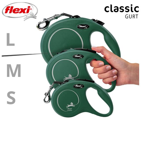 flexi® Classic S | 5m Gurt Roll-Leine für kleine Hunde bis 15 kg | Olivgrün | ausziehbare Hundeleine | Gewicht 200.1 gr | Maße 10 x 16.5 cm
