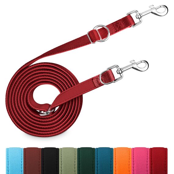 Hundeleine für Kleine & Mittelgroße Hunde bis 30 kg, 3 m Verstellbare Schleppleine Doppelleine, Verdickte Freihandleine Übungsleine Führleine aus Nylon mit 2 Karabiner, Weinrot
