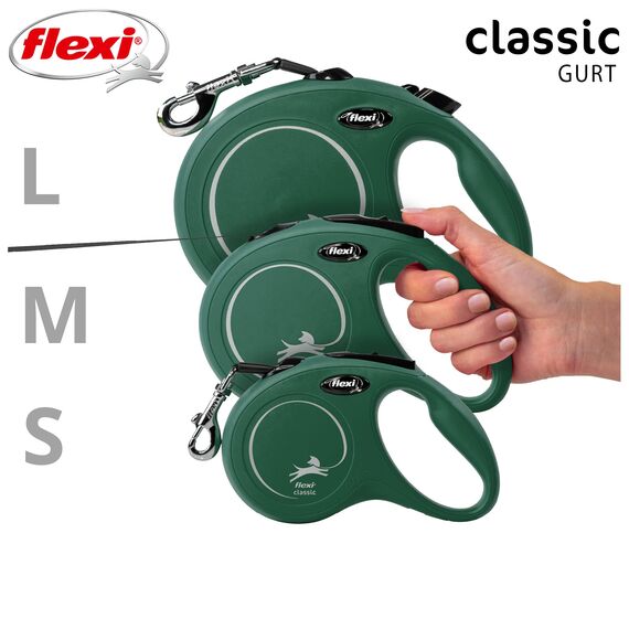 flexi® Classic L | 5m Gurt Roll-Leine für Hunde bis 50 kg | Olivgrün | ausziehbare Hundeleine | Gewicht 347.2 gr | Maße 12.9 x 18.8 cm