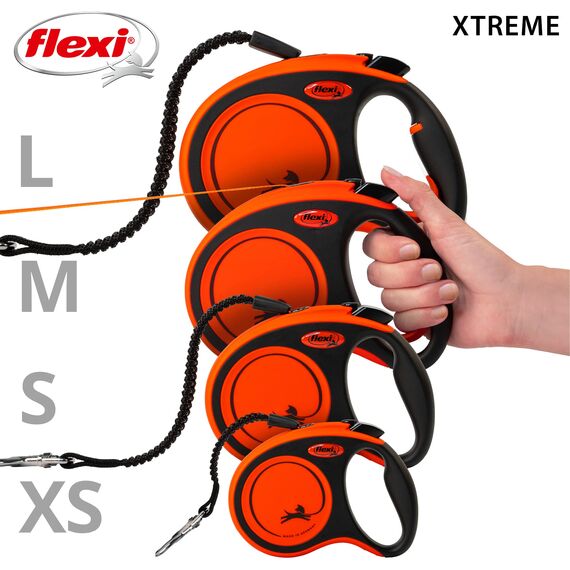 flexi® Xtreme S Gurt 5 m schwarz/orange, Roll-Leine für Hunde bis 20 kg