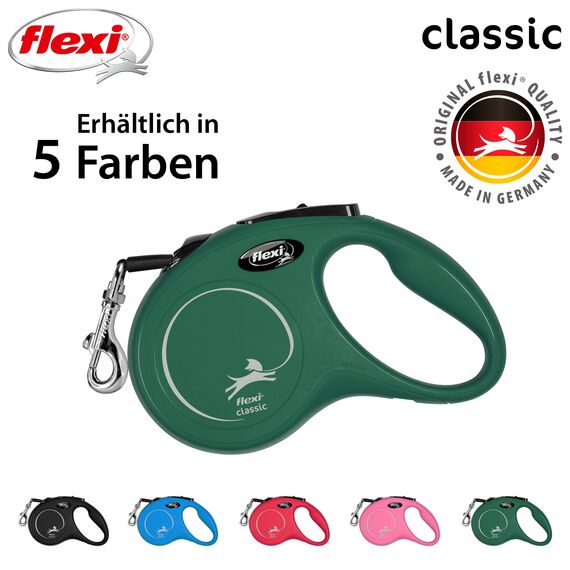 flexi® Classic S | 5m Gurt Roll-Leine für kleine Hunde bis 15 kg | Olivgrün | ausziehbare Hundeleine | Gewicht 200.1 gr | Maße 10 x 16.5 cm