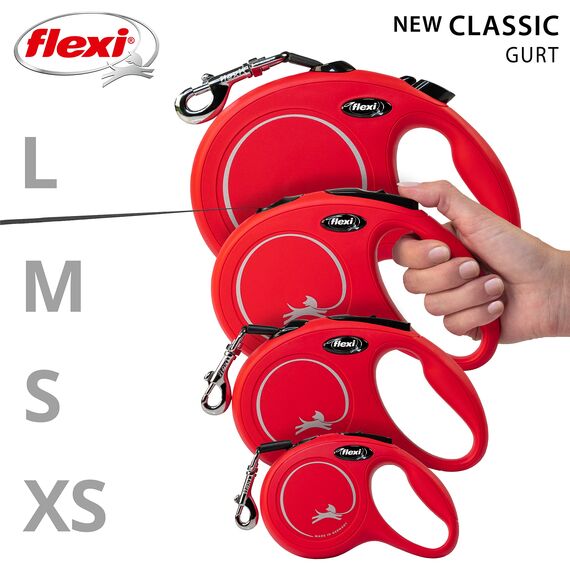 flexi® Classic XS | 3m Gurt Roll-Leine für kleine Hunde bis 15 kg | Miniformat mit 3-Finger Griff | Rot | ausziehbare Hundeleine | Gewicht 108.6 gr | Maße 8.2 x 13 cm