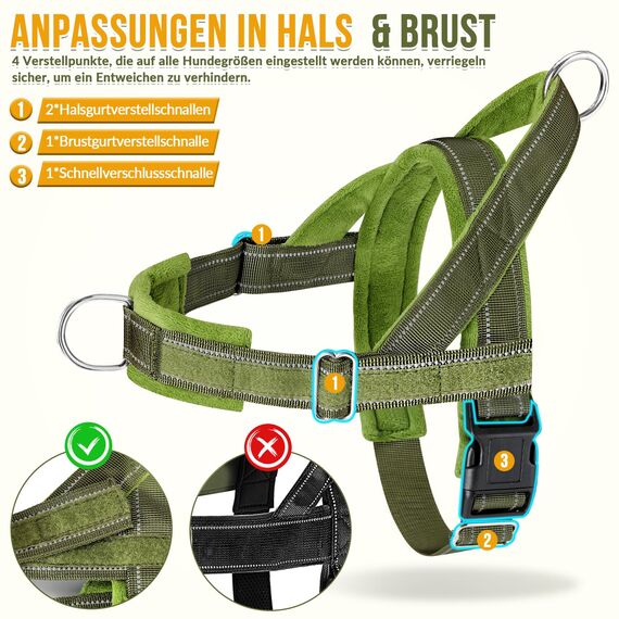 Eyein Hundegeschirr mit Leine für große mittelgroße Hunde, Weich gepolsterter Brustgeschirr mit 2 Leinenclips, Reflektierend & Leichtgewicht Anti Zug Geschirr für Spaziergänge Training, Grün, XL