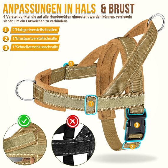 Eyein Hundegeschirr mit Leine für große mittelgroße Hunde, Weich gepolsterter Brustgeschirr mit 2 Leinenclips, Reflektierend & Leichtgewicht Anti Zug Geschirr für Spaziergänge Training, Braun, M