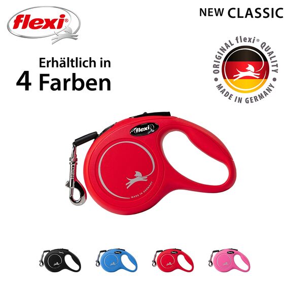 flexi® Classic XS | 3m Gurt Roll-Leine für kleine Hunde bis 15 kg | Miniformat mit 3-Finger Griff | Rot | ausziehbare Hundeleine | Gewicht 108.6 gr | Maße 8.2 x 13 cm