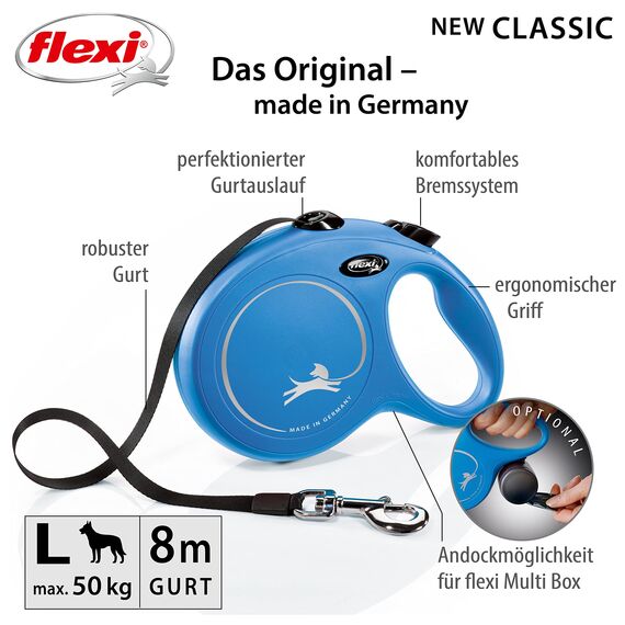 flexi® Classic L | 8m Gurt Roll-Leine für Hunde bis 50 kg | Blau | ausziehbare Hundeleine | Gewicht 534.3 gr | Maße 14.7 x 20.9 cm