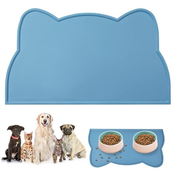 vsshe Napfunterlage für Kleine Hunde und Katze, 44 x 25 cm Napfunterlage Silikon wasserdichte und rutschfeste Silikon Fressnapf Unterlage Unterlage für Katzennapf Futtermatten (Blau)