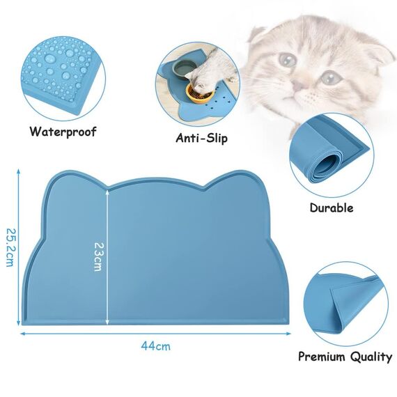 vsshe Napfunterlage für Kleine Hunde und Katze, 44 x 25 cm Napfunterlage Silikon wasserdichte und rutschfeste Silikon Fressnapf Unterlage Unterlage für Katzennapf Futtermatten (Blau)