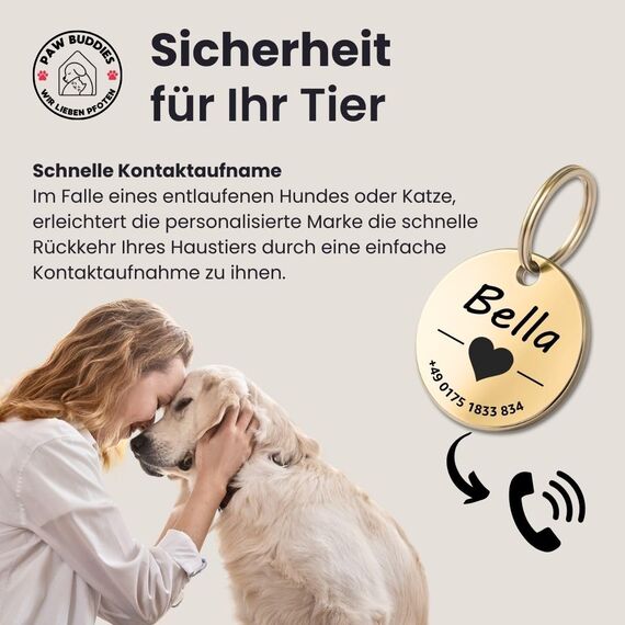 Hundemarke mit Gravur - Personalisiert - Edelstahl - ⌀30mm - Gold - Namensschild für Halsband - Dog Tag - Anhänger Marke für Hunde - mit Symbolauswahl - Tiermarke für Hunde, Katzen, Welpen, Pferde