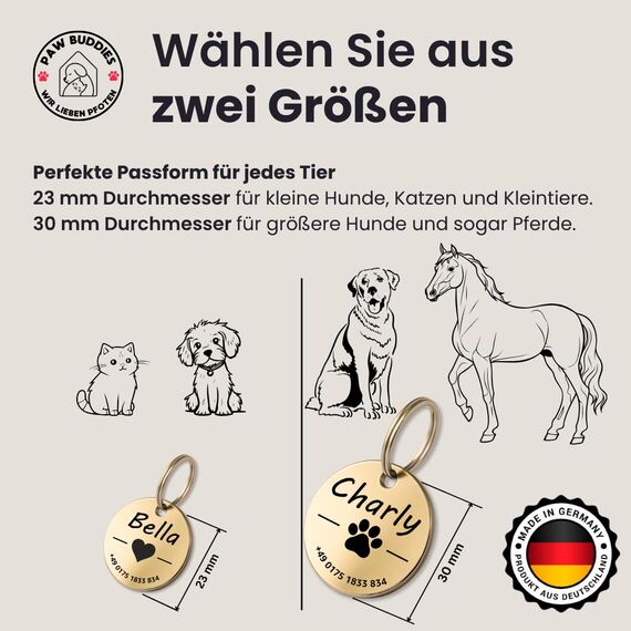 Hundemarke mit Gravur - Personalisiert - Edelstahl - ⌀30mm - Gold - Namensschild für Halsband - Dog Tag - Anhänger Marke für Hunde - mit Symbolauswahl - Tiermarke für Hunde, Katzen, Welpen, Pferde