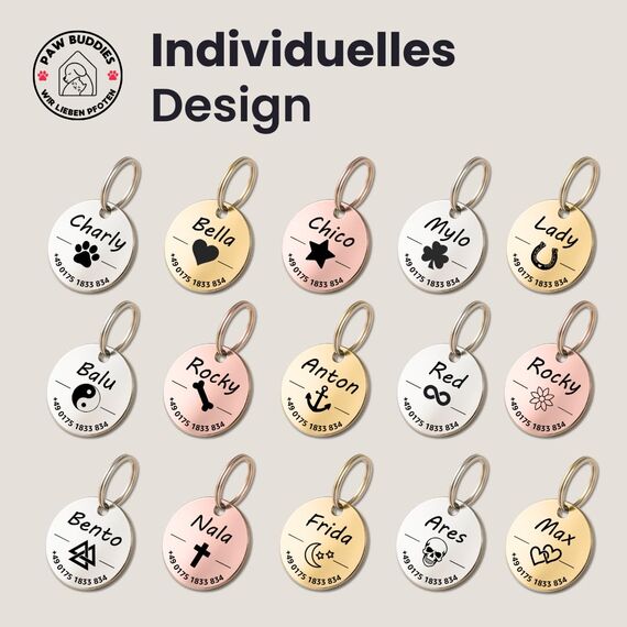 Hundemarke mit Gravur - Personalisiert - Edelstahl - ⌀30mm - Gold - Namensschild für Halsband - Dog Tag - Anhänger Marke für Hunde - mit Symbolauswahl - Tiermarke für Hunde, Katzen, Welpen, Pferde