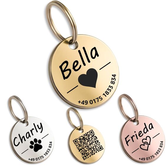 Hundemarke mit Gravur - Personalisiert - Edelstahl - ⌀30mm - Gold - Namensschild für Halsband - Dog Tag - Anhänger Marke für Hunde - mit Symbolauswahl - Tiermarke für Hunde, Katzen, Welpen, Pferde
