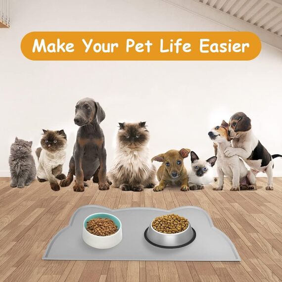 vsshe Napfunterlage für Kleine Hunde und Katze, 44 x 25 cm Napfunterlage Silikon wasserdichte und rutschfeste Silikon Fressnapf Unterlage Unterlage für Katzennapf Futtermatten (Grau)