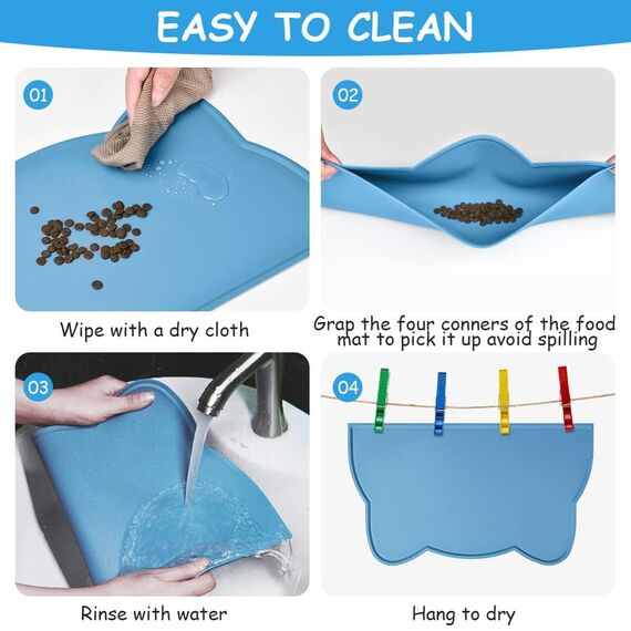 vsshe Napfunterlage für Kleine Hunde und Katze, 44 x 25 cm Napfunterlage Silikon wasserdichte und rutschfeste Silikon Fressnapf Unterlage Unterlage für Katzennapf Futtermatten (Blau)