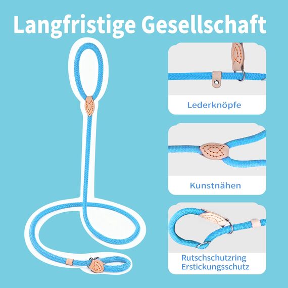 Retrieverleine mit Zugstopp, 180 cm Hundeleine mit Halsband, Witterungsbeständig Leine Hund Einstellbar Trainingsleine für Kleine bis Große Hunde, Hellblau