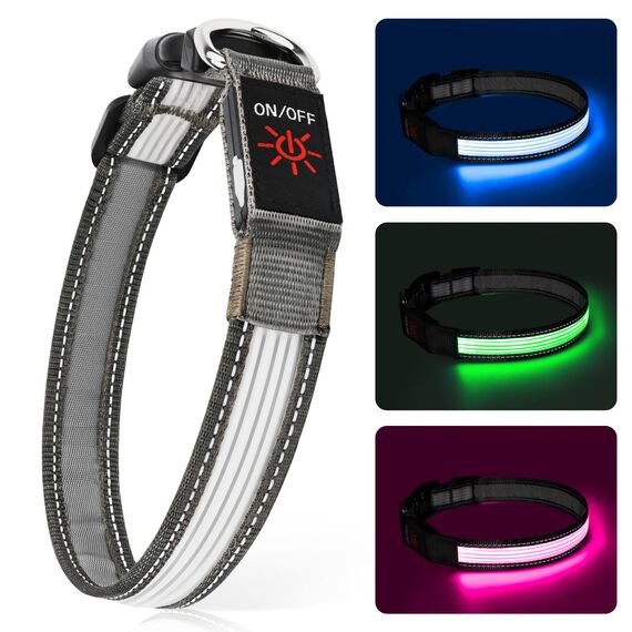Leuchtendes Hundehalsband, wiederaufladbar über USB-C, reflektierendes, im Dunkeln leuchtendes Hundehalsband mit 7 Beleuchtungsmodi für Sicherheit bei Nacht (Grau, Large)