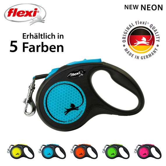 flexi® Neon S Gurt 5 m schwarz/neon-blau, Roll-Leine für Hunde bis 15 kg
