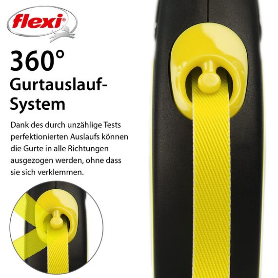flexi® Neon M Gurt 5 m schwarz, Gurt in neon-gelb, Roll-Leine für Hunde bis 25 kg