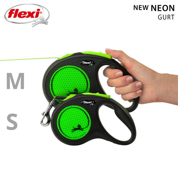 flexi® Neon M Gurt 5 m schwarz/neon-grün, Roll-Leine für Hunde bis 25 kg