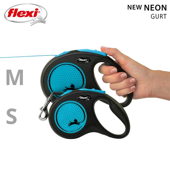 flexi® Neon M Gurt 5 m schwarz/neon-blau, Roll-Leine für Hunde bis 25 kg