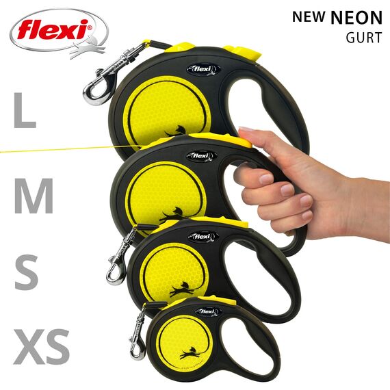 flexi® Neon L Gurt 5 m schwarz, Gurt in neon-gelb, Roll-Leine für Hunde bis 50 kg