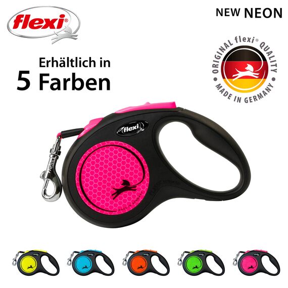 flexi® Neon S Gurt 5 m schwarz/neon-pink, Roll-Leine für Hunde bis 15 kg
