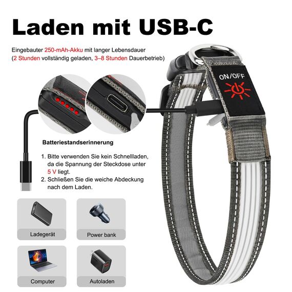 Leuchtendes Hundehalsband, wiederaufladbar über USB-C, reflektierendes, im Dunkeln leuchtendes Hundehalsband mit 7 Beleuchtungsmodi für Sicherheit bei Nacht (Grau, Large)