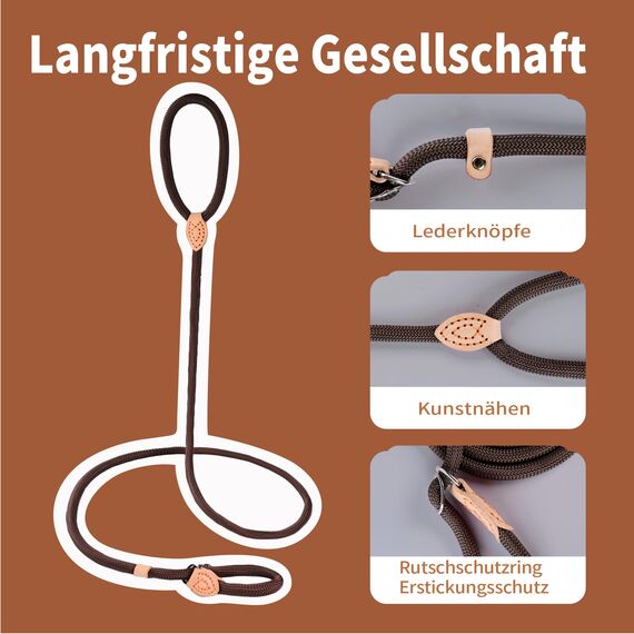Retrieverleine mit Zugstopp, 180 cm Hundeleine mit Halsband, Witterungsbeständig Leine Hund Einstellbar Trainingsleine für Kleine bis Große Hunde, Kaffee