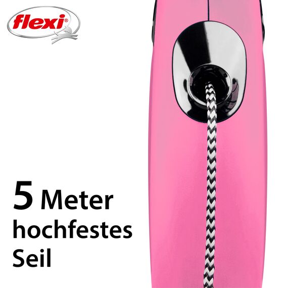 flexi® Classic S | 5m Seil Roll-Leine für kleine Hunde bis 12 kg | Pink | ausziehbare Hundeleine | Gewicht 160.4 g | Maße 9.6 x 16.2 cm