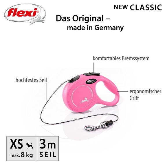 flexi® Classic XS | 3m Seil Roll-Leine für kleine Hunde bis 8 kg | Miniformat mit 3-Finger Griff | Pink | ausziehbare Hundeleine | Gewicht 100.7 gr | Maße 8.2 x 13 cm
