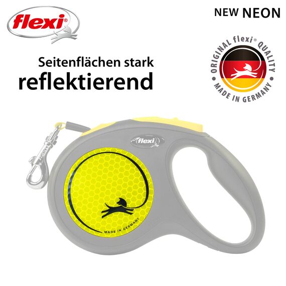 flexi® Neon M Gurt 5 m schwarz, Gurt in neon-gelb, Roll-Leine für Hunde bis 25 kg