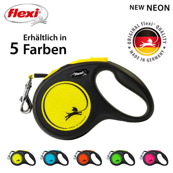 flexi® Neon M Gurt 5 m schwarz, Gurt in neon-gelb, Roll-Leine für Hunde bis 25 kg