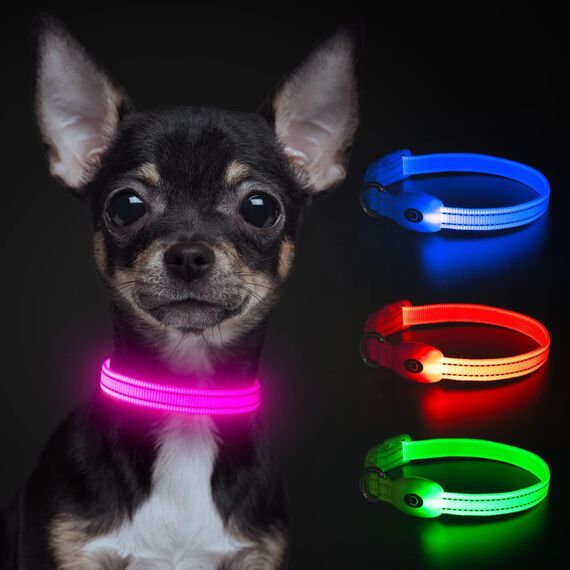Wiederaufladbares LED-Welpenhalsband, YFbrite LED-Katzenhalsband, Bequem Leuchtende Welpenhalsbänder, Verstellbares Reflektierendes Welpen-Gehlichthalsband für Sicherheit (Rosa, XS)