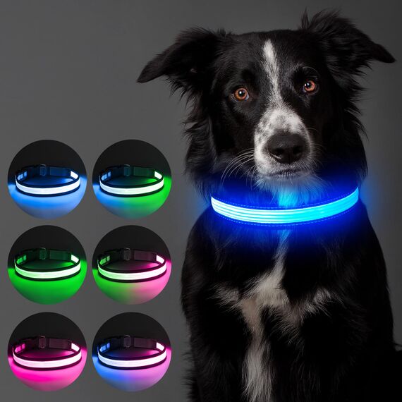 Leuchtendes Hundehalsband, wiederaufladbar über USB-C, reflektierendes, im Dunkeln leuchtendes Hundehalsband mit 7 Beleuchtungsmodi für Sicherheit bei Nacht (Grau, Large)