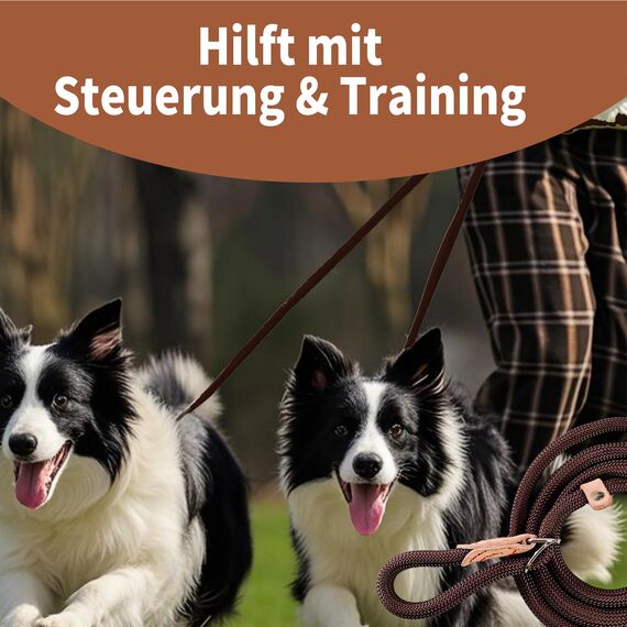 Retrieverleine mit Zugstopp, 180 cm Hundeleine mit Halsband, Witterungsbeständig Leine Hund Einstellbar Trainingsleine für Kleine bis Große Hunde, Kaffee
