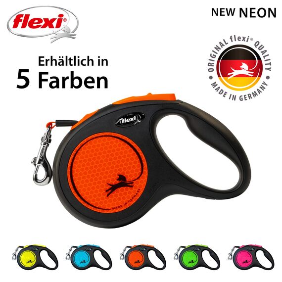 flexi® Neon M Gurt 5 m schwarz/neon-orange, Roll-Leine für Hunde bis 25 kg