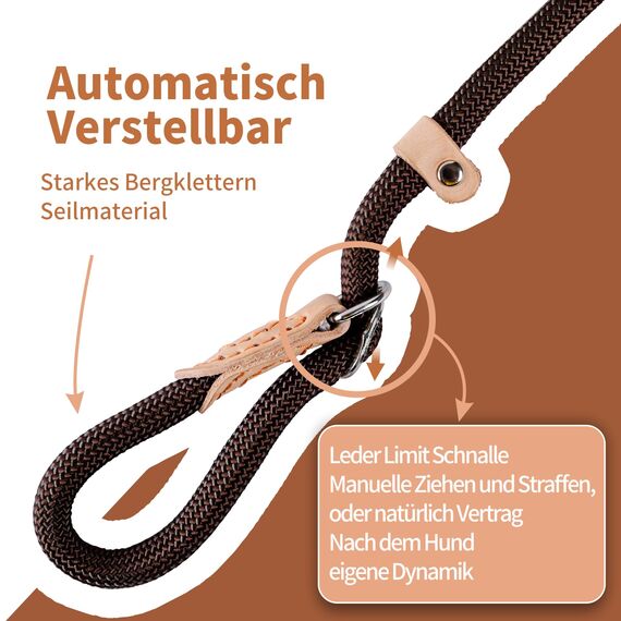 Retrieverleine mit Zugstopp, 180 cm Hundeleine mit Halsband, Witterungsbeständig Leine Hund Einstellbar Trainingsleine für Kleine bis Große Hunde, Kaffee
