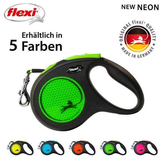 flexi® Neon M Gurt 5 m schwarz/neon-grün, Roll-Leine für Hunde bis 25 kg