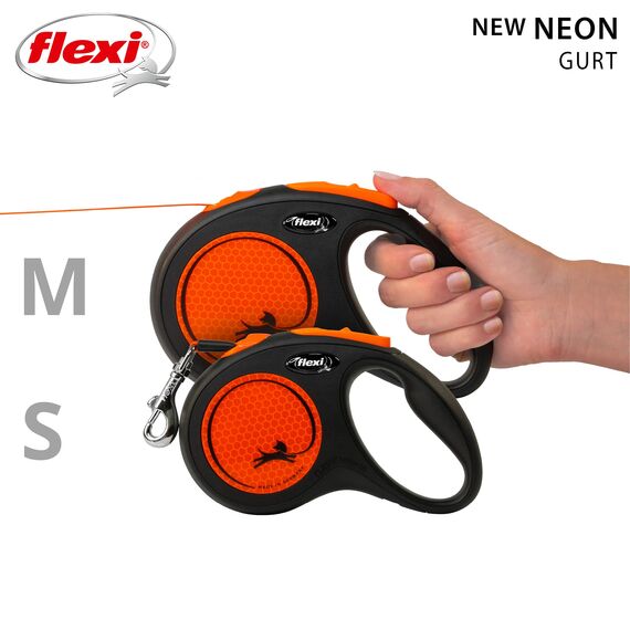 flexi® Neon M Gurt 5 m schwarz/neon-orange, Roll-Leine für Hunde bis 25 kg