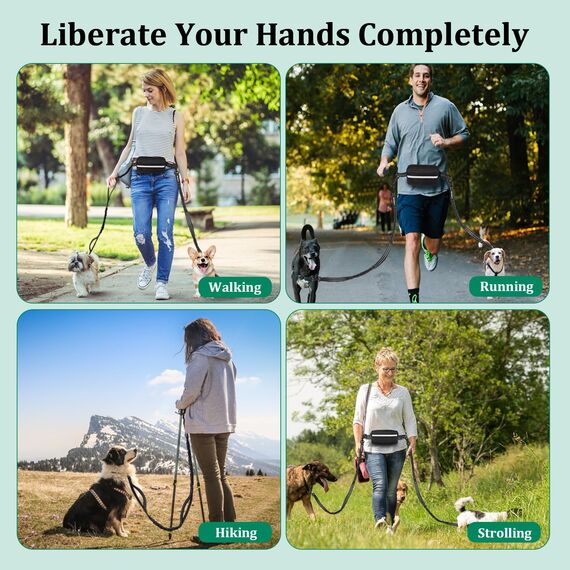 Philorn Joggingleine für 2 Hunde, Freihändig Laufleine für Hunde, Bauchgurt Hundeleine zum Joggen Laufen Wandern mit Dual Griffe, Reflektierende Nähte, Laufgurt für Große Hund bis 50kg, 121-164cm