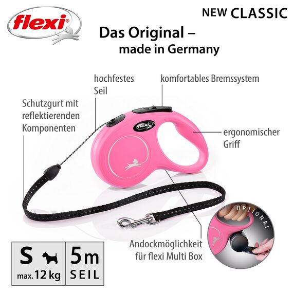 flexi® Classic S | 5m Seil Roll-Leine für kleine Hunde bis 12 kg | Pink | ausziehbare Hundeleine | Gewicht 160.4 g | Maße 9.6 x 16.2 cm