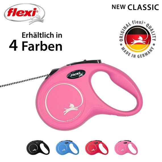 flexi® Classic S | 5m Seil Roll-Leine für kleine Hunde bis 12 kg | Pink | ausziehbare Hundeleine | Gewicht 160.4 g | Maße 9.6 x 16.2 cm