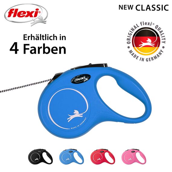 flexi® Classic S | 5m Seil Roll-Leine für kleine Hunde bis 12 kg | Blau | ausziehbare Hundeleine | Gewicht 160.4 gr | Maße 9.6 x 16.2 cm